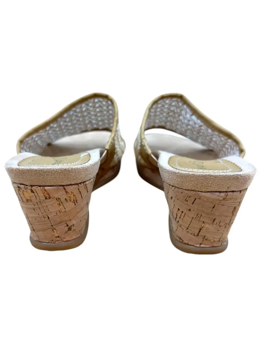 Baretraps Tan & White Woven Cork Wedge Slides